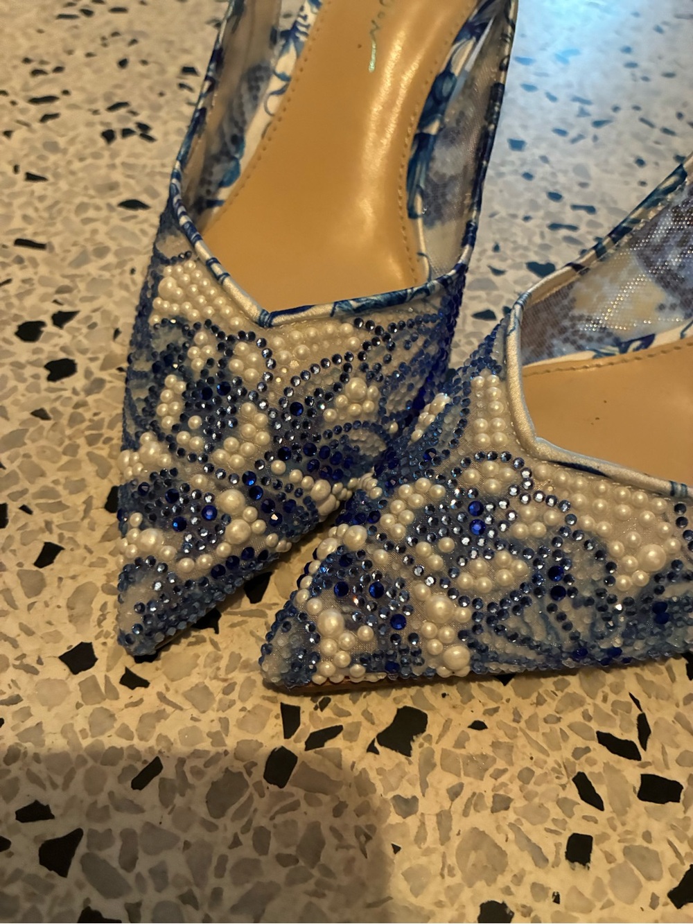 Betsey Johnson Blue & White Embellished Pointed Toe Pumps
